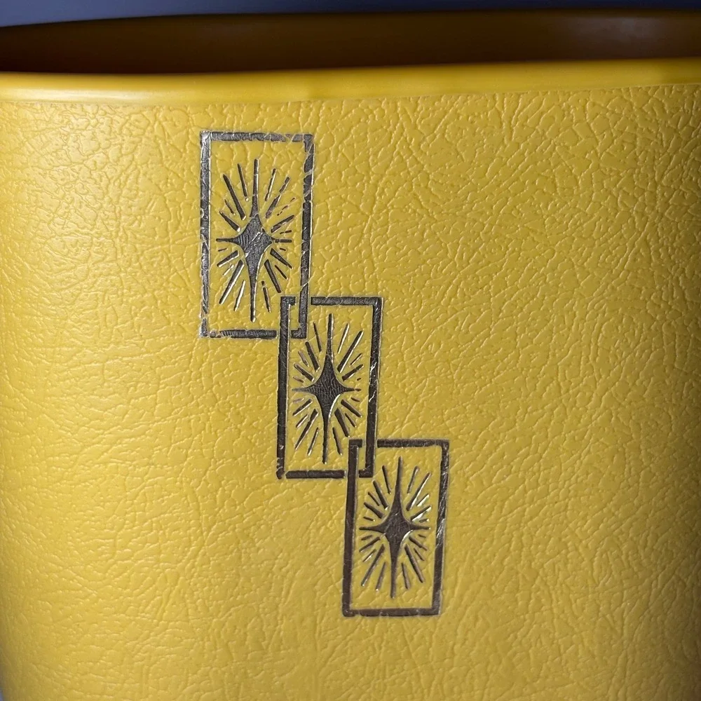 Vintage MCM Wastebasket Yellow Atomic Starburst Plastic Trash Can Retro Decor